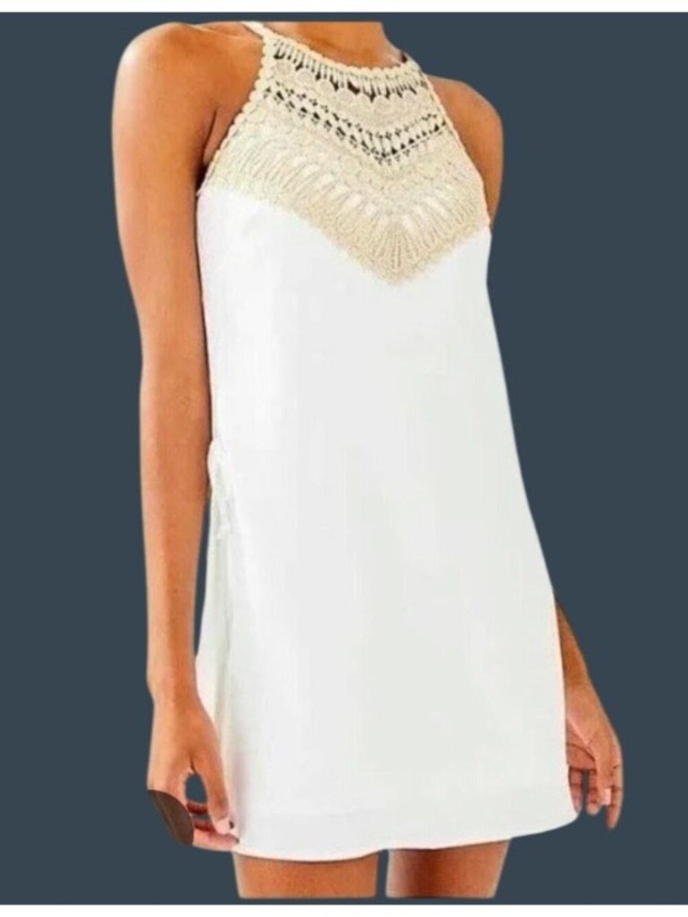 Lilly Pulitzer Pearl Soft Shift Dress Gold Crochet Neckline White Size 14 lined